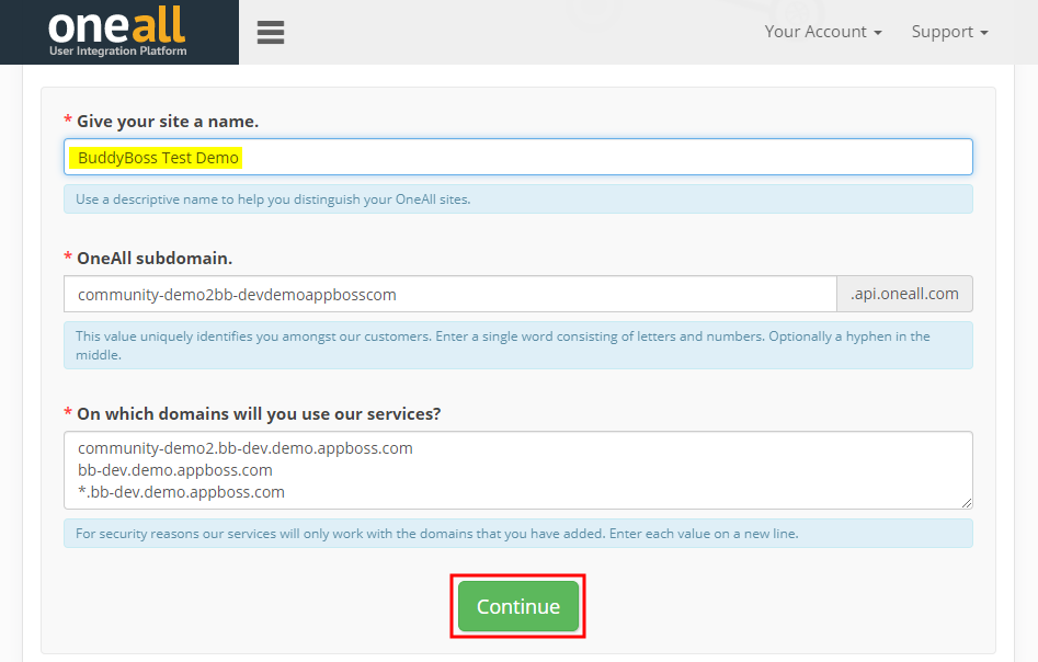 Social Login - Setting up the website in OneAll step 2