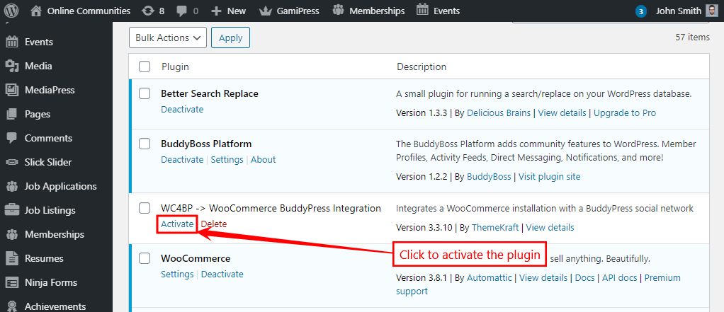 WC4BP - WooCommerce BuddyPress Integration - Activating the plugin