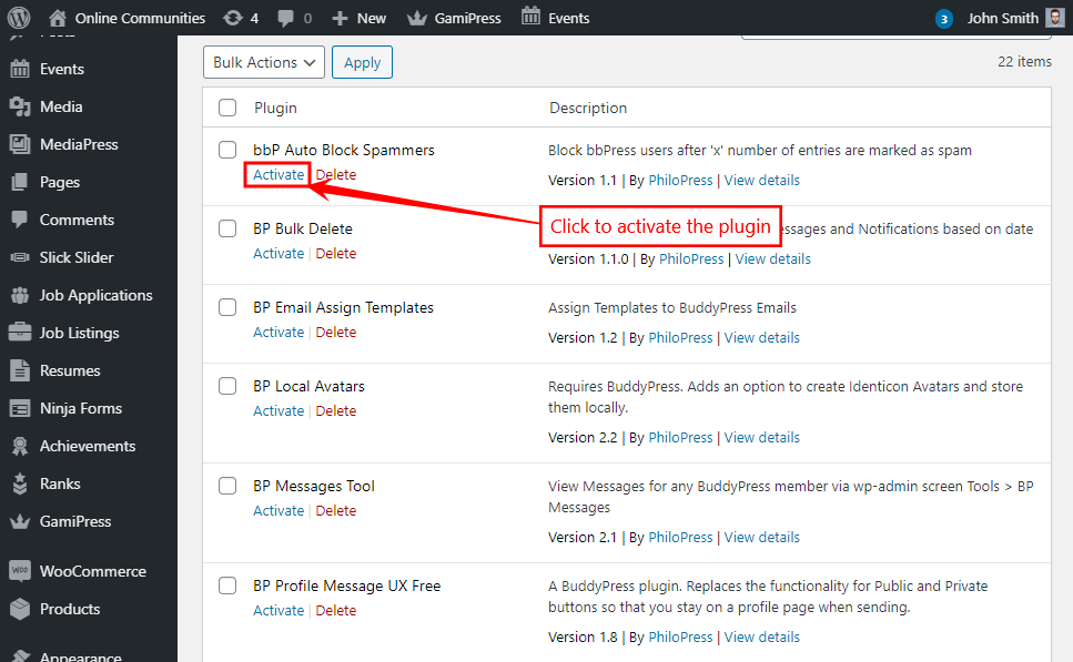 bbPress Auto Block Spammers - Activating the plugin