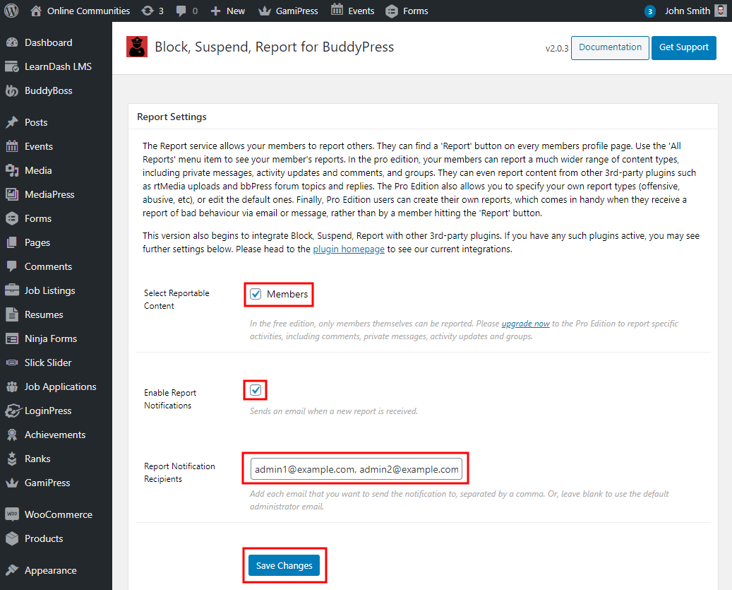 Block, Suspend, Report for BuddyPress - Configuring the Report Settings