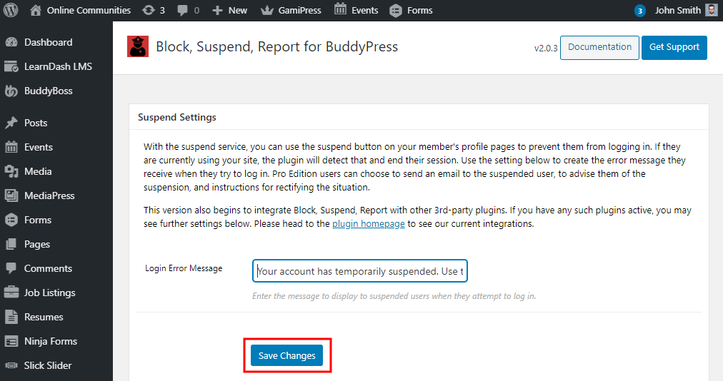 Block, Suspend, Report for BuddyPress - Configuring the Suspend Settings