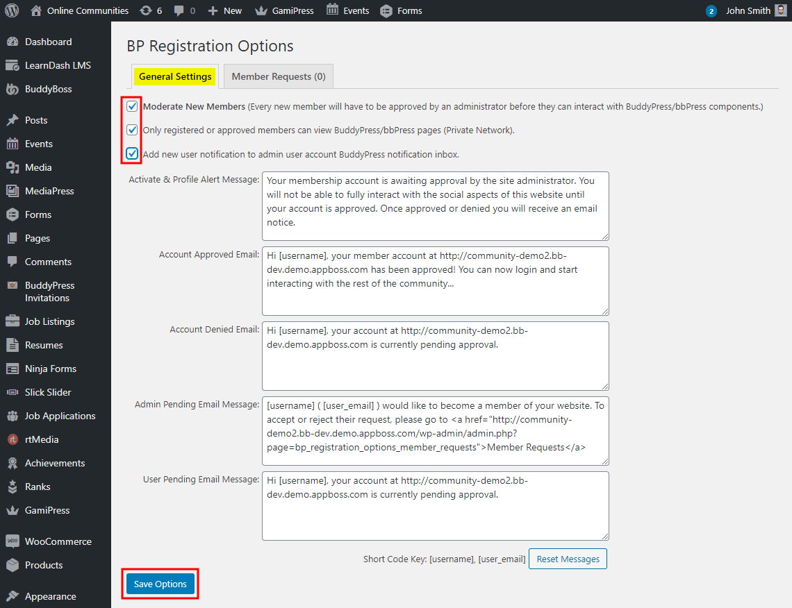 BuddyPress Registration Options - Setting up the plugin