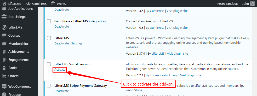 LifterLMS Add-ons - Activating an add-on