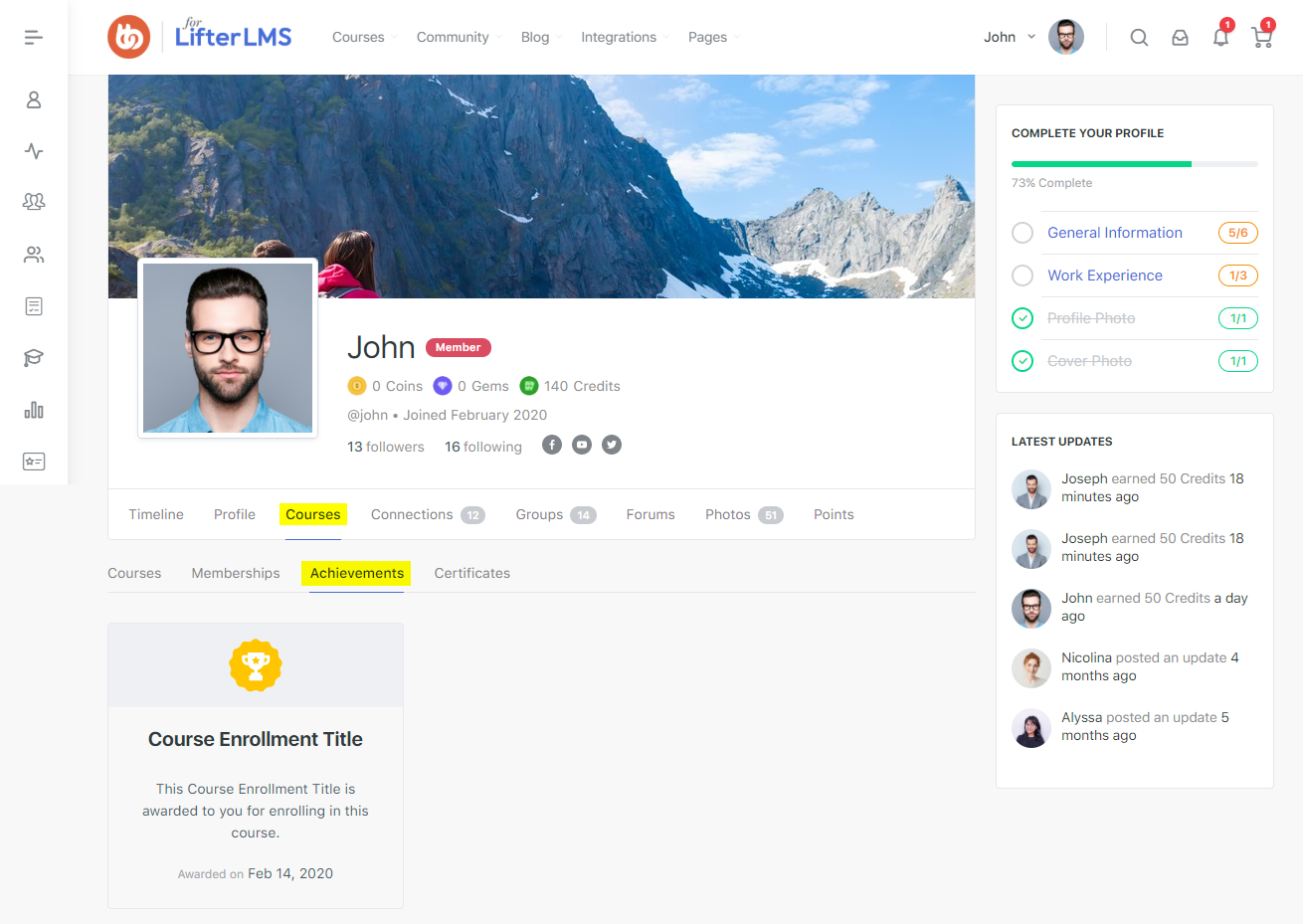 LifterLMS - BuddyPress Integration - Courses - Achievements tab preview