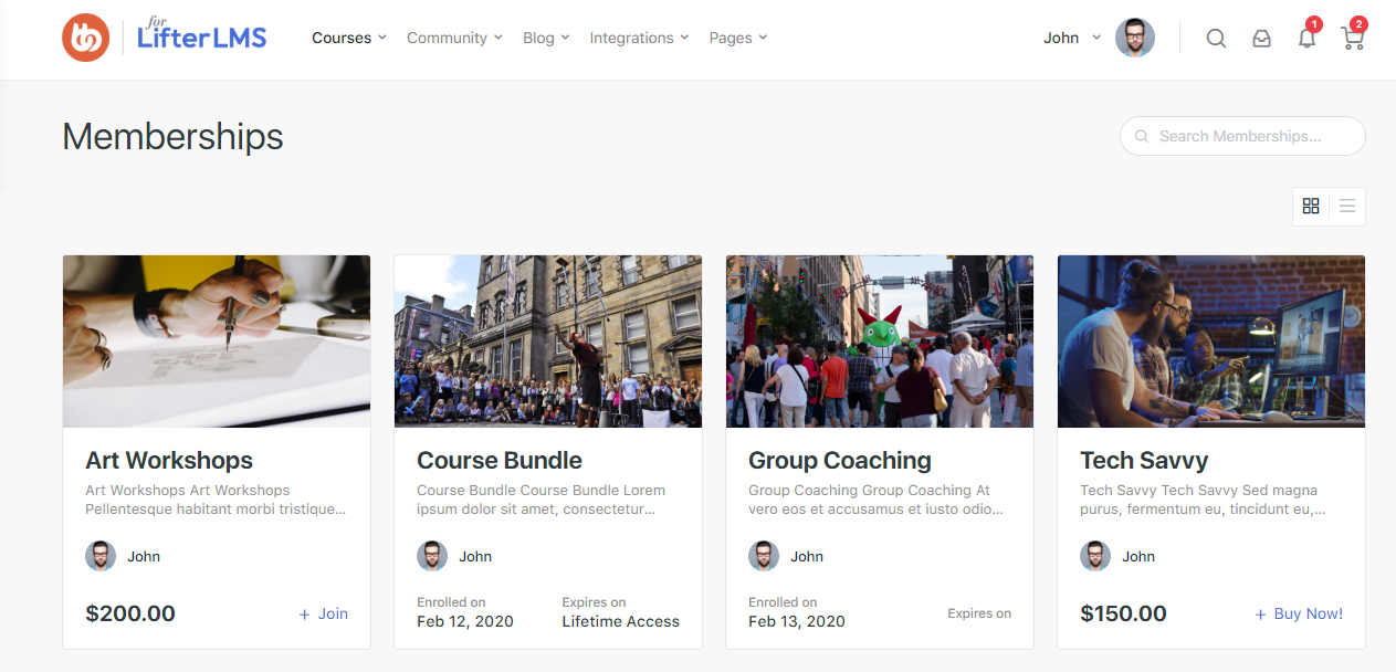 LifterLMS - Memberships preview