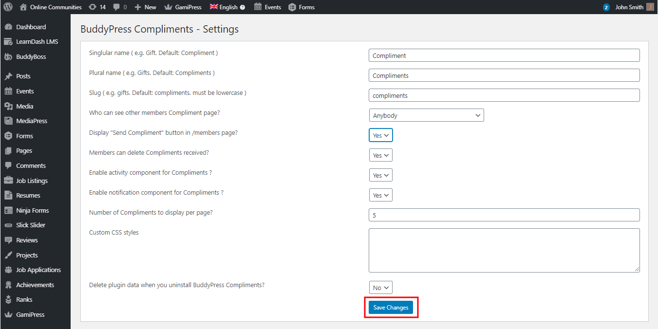 BuddyPress Compliments - Setting up the plugin