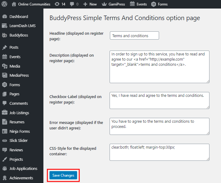 BuddyPress Simple Terms And Conditions - Setting up the plugin