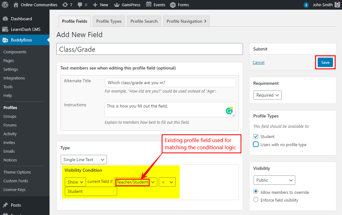 Conditional Profile Fields for BuddyPress - Creating a profile field with conditional logic