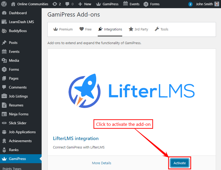 GamiPress - LifterLMS Integration - Activating the add-on