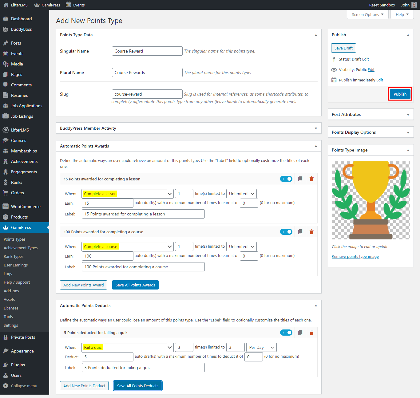 GamiPress - LifterLMS Integration - Creating point type for LifterLMS events