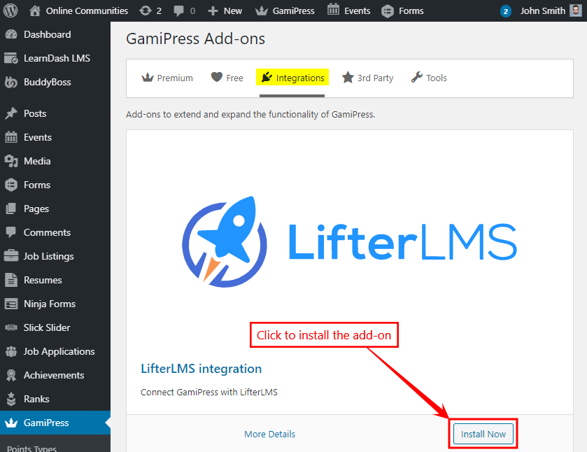 GamiPress - LifterLMS Integration -Installing the add-on