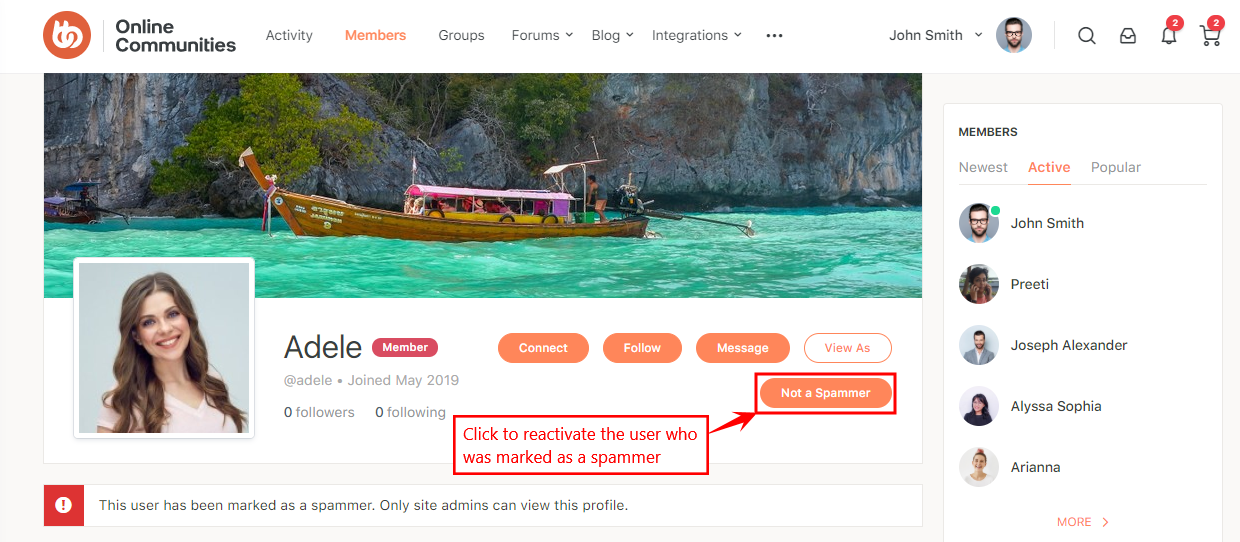 One Click Mark Spammer - Reactivating a user marked as a spammer from the user's profile