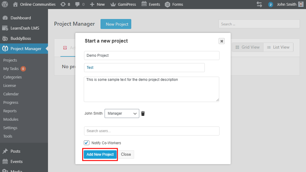 WP Project Manager - Creating a new project