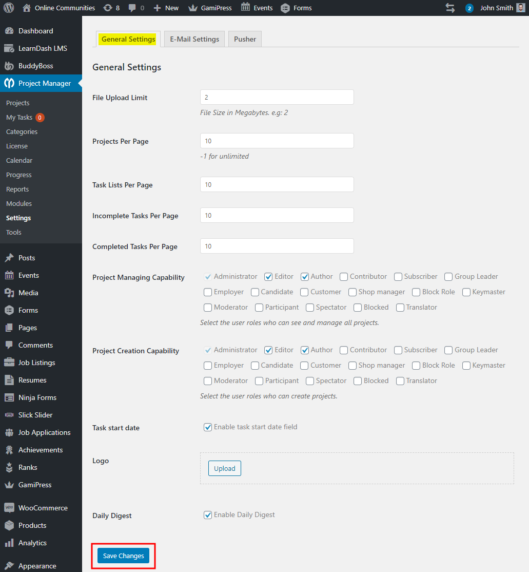 WP Project Manager - Setting up the plugin