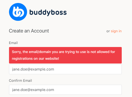 WordPress Restrict Email Domains - Error message for visitors on the registration page