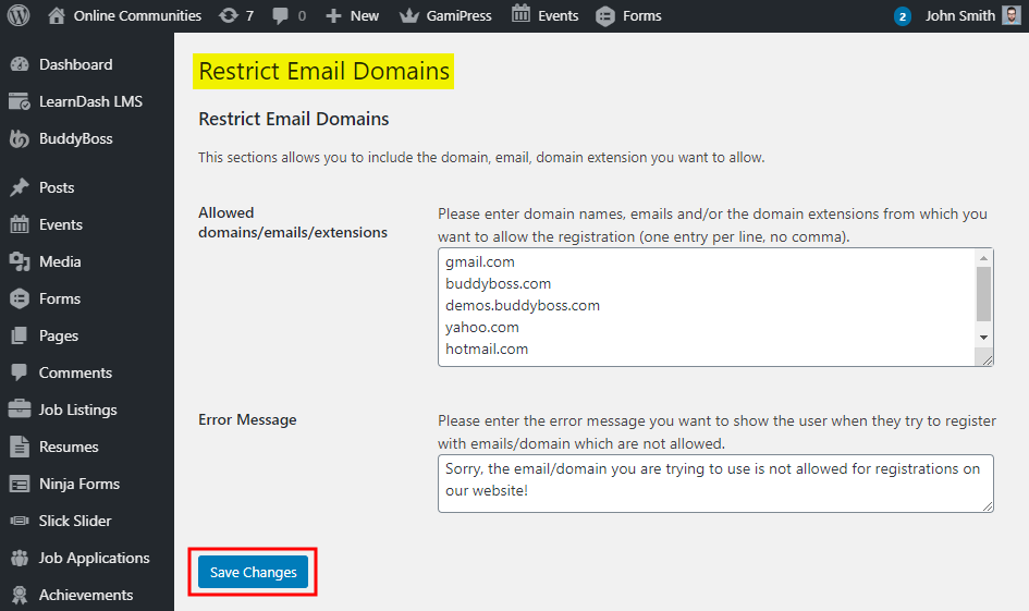 WordPress Restrict Email Domains - Setting up the plugin