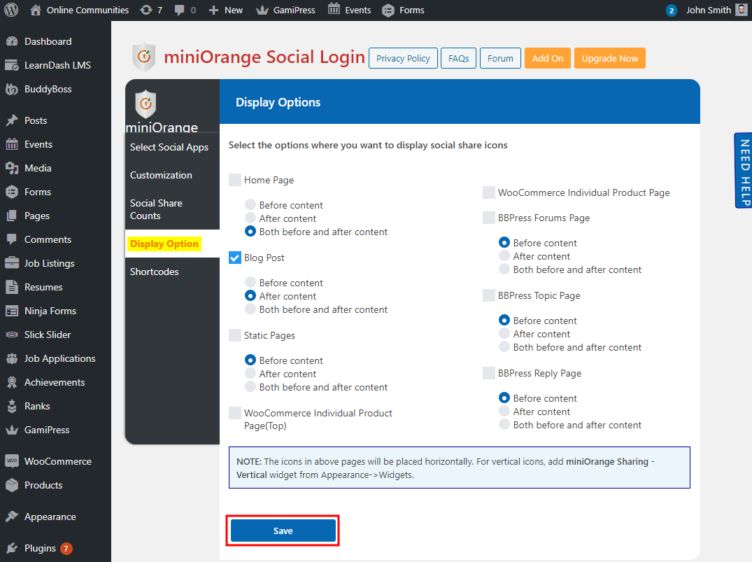 WordPress Social Login - Display Options for the Social Sharing icons