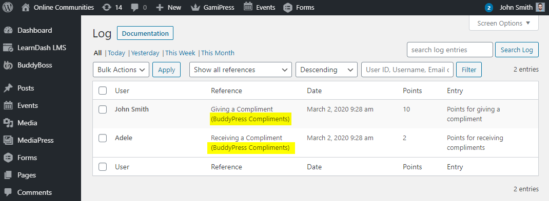 myCred for BuddyPress Compliments - Log for points via for BuddyPress Compliments