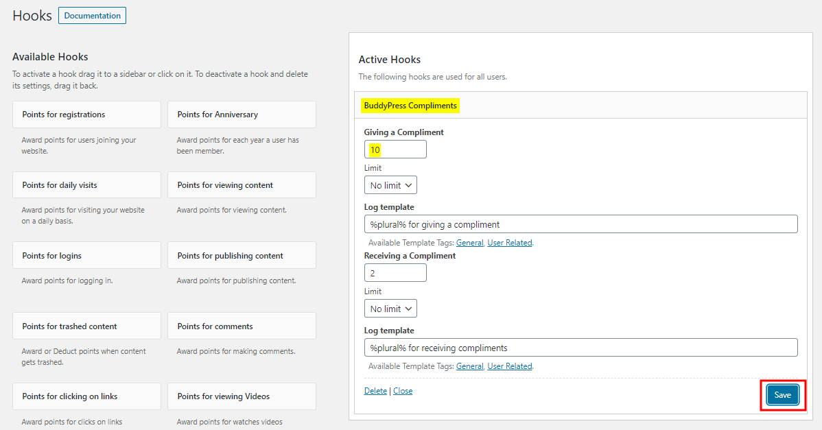 myCred for BuddyPress Compliments - Setting up points for BuddyPress Compliments