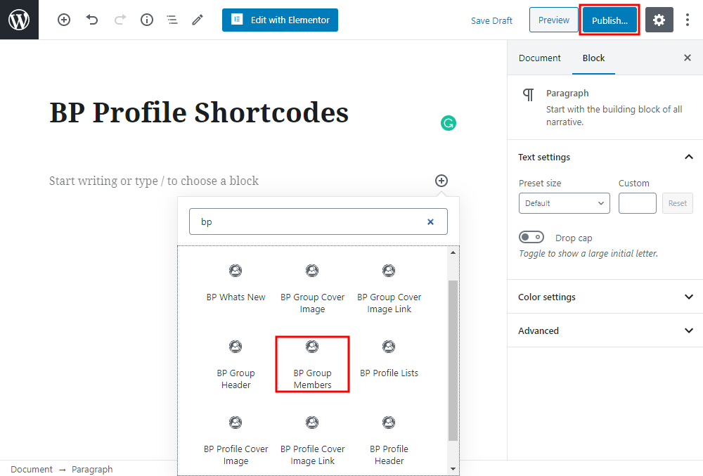 BP Profile Shortcodes Extra - Adding a shortcode to a page or post