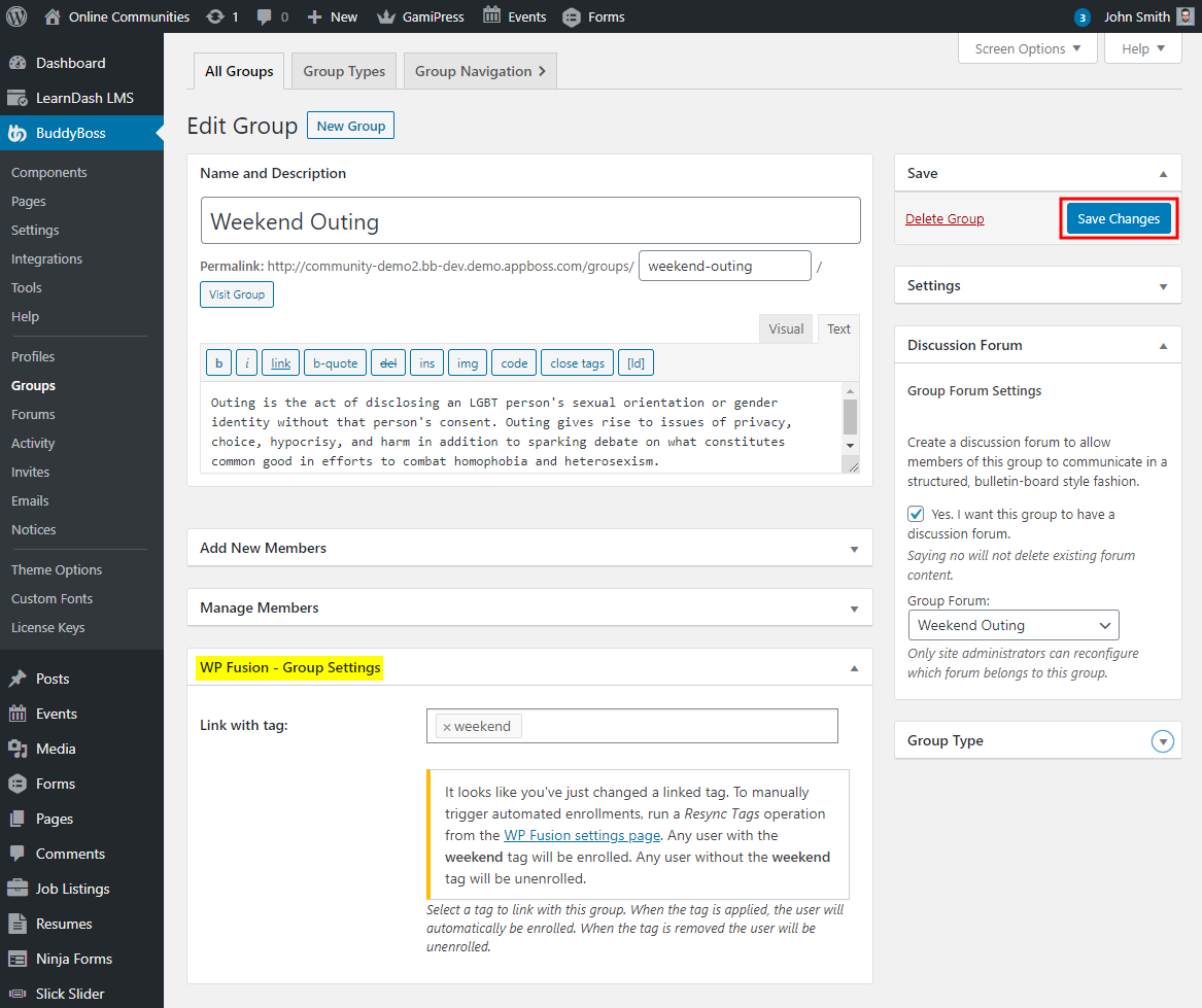 WP Fusion - Linking BuddyPress groups with a tag in the CRM