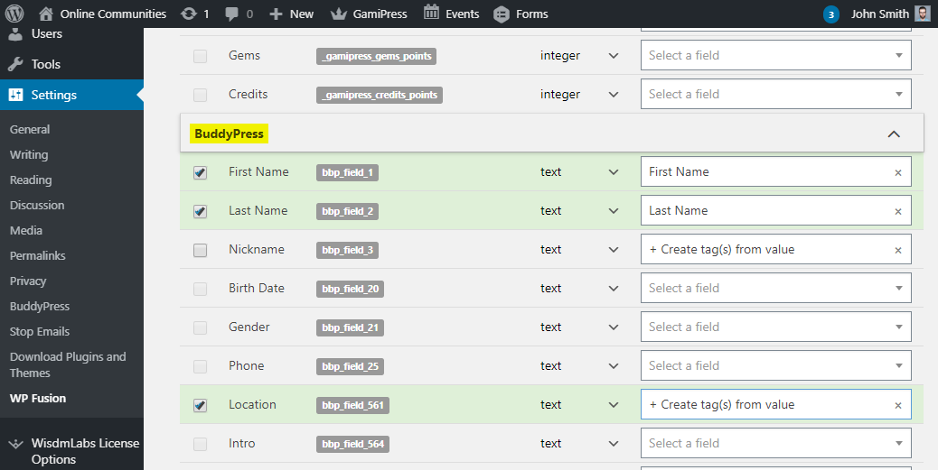 WP Fusion - Mapping BuddyPress fields to fields in the CRM