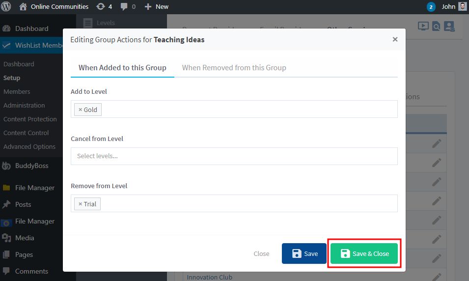 WishList Member - BuddyBoss Integration - Configuring Group actions