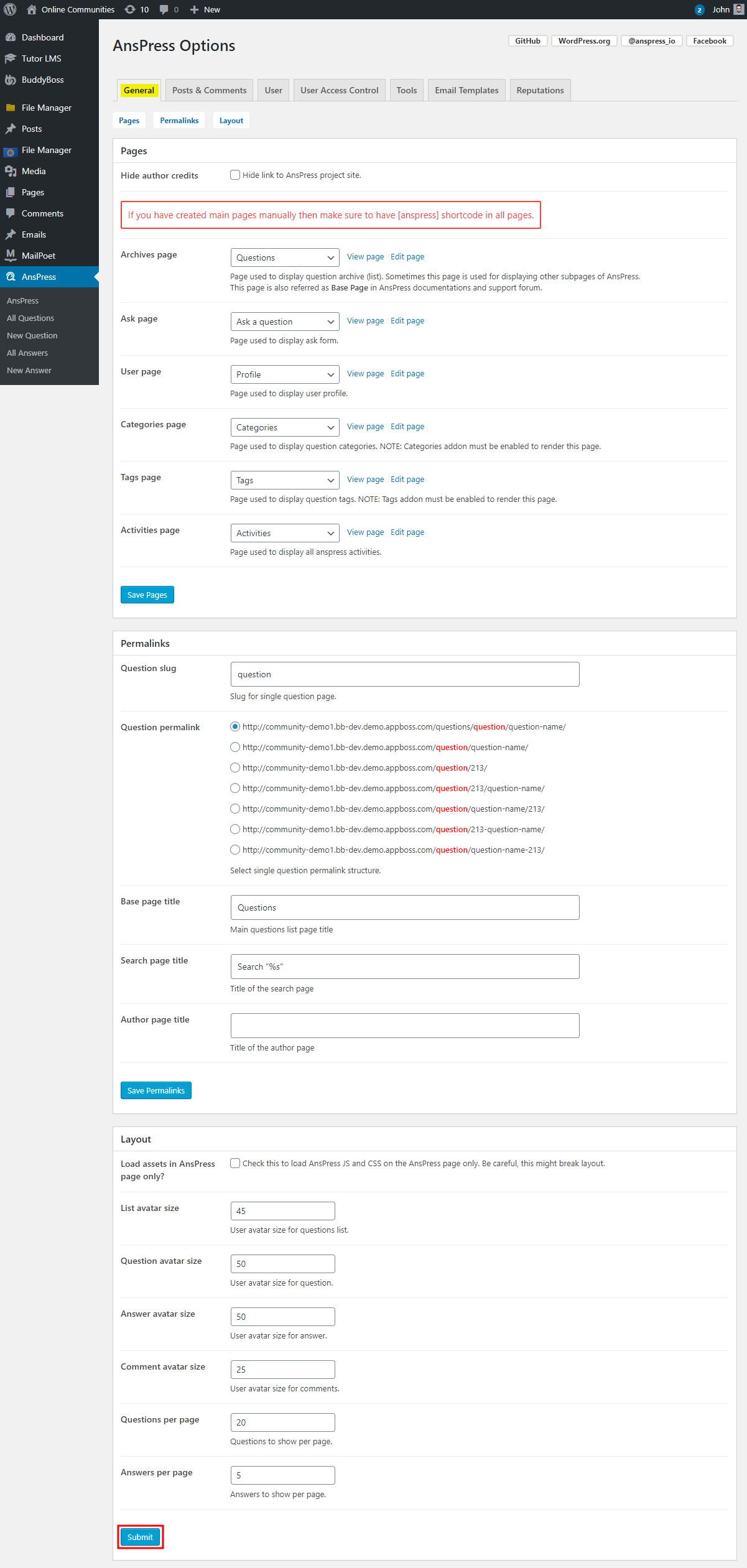 AnsPress - Setting up the plugin