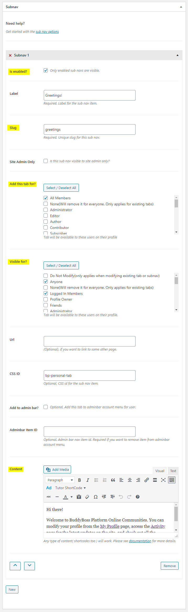 BuddyPress User Profile Tabs Creator Pro - Adding a sub tab