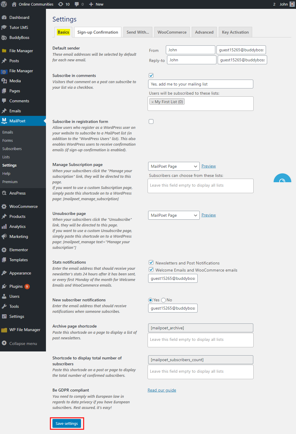 MailPoet - Setting up the plugin