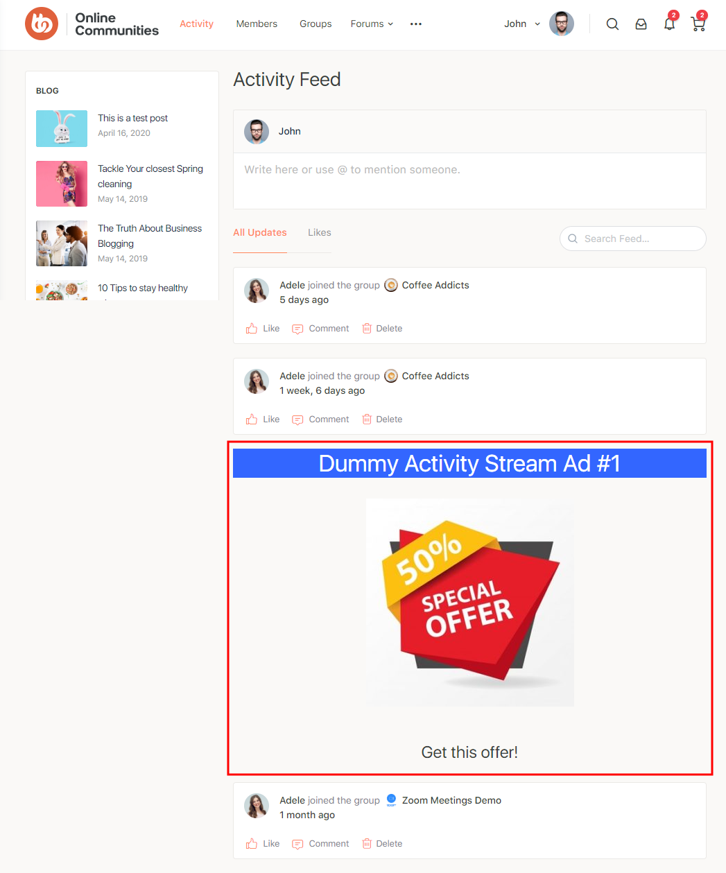 Advanced Ads Pro - BuddyBoss Integration - Ad preview on the Activity feed