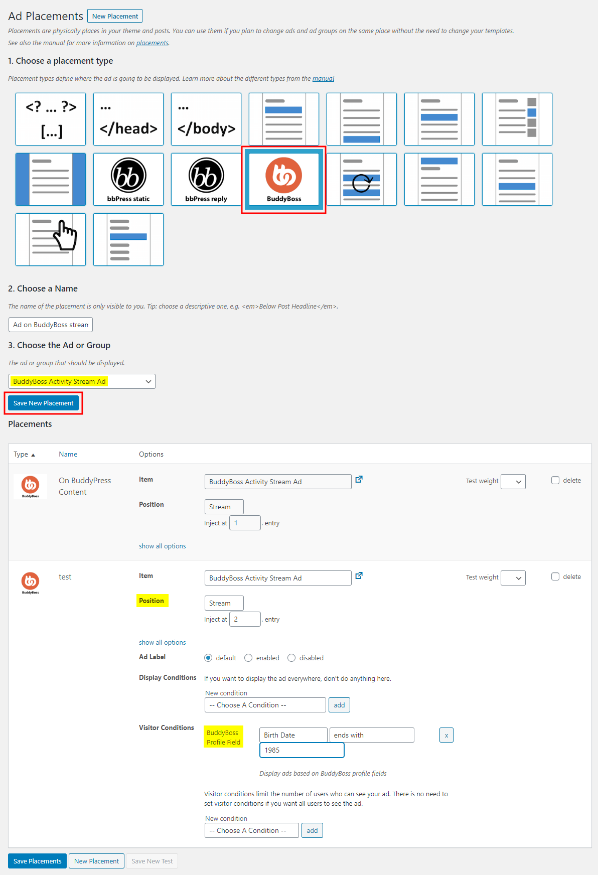 Advanced Ads Pro - BuddyBoss Integration - Creating a new ad placement