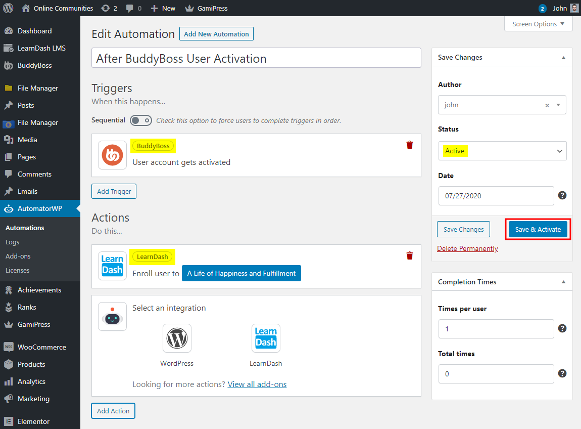 AutomatorWP – BuddyBoss Integration – Creating a new automation