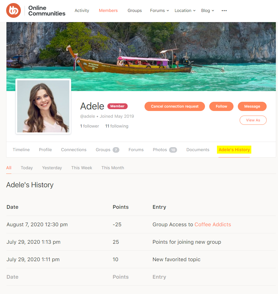 myCRED - BuddyPress – Preview points history on a user’s profile