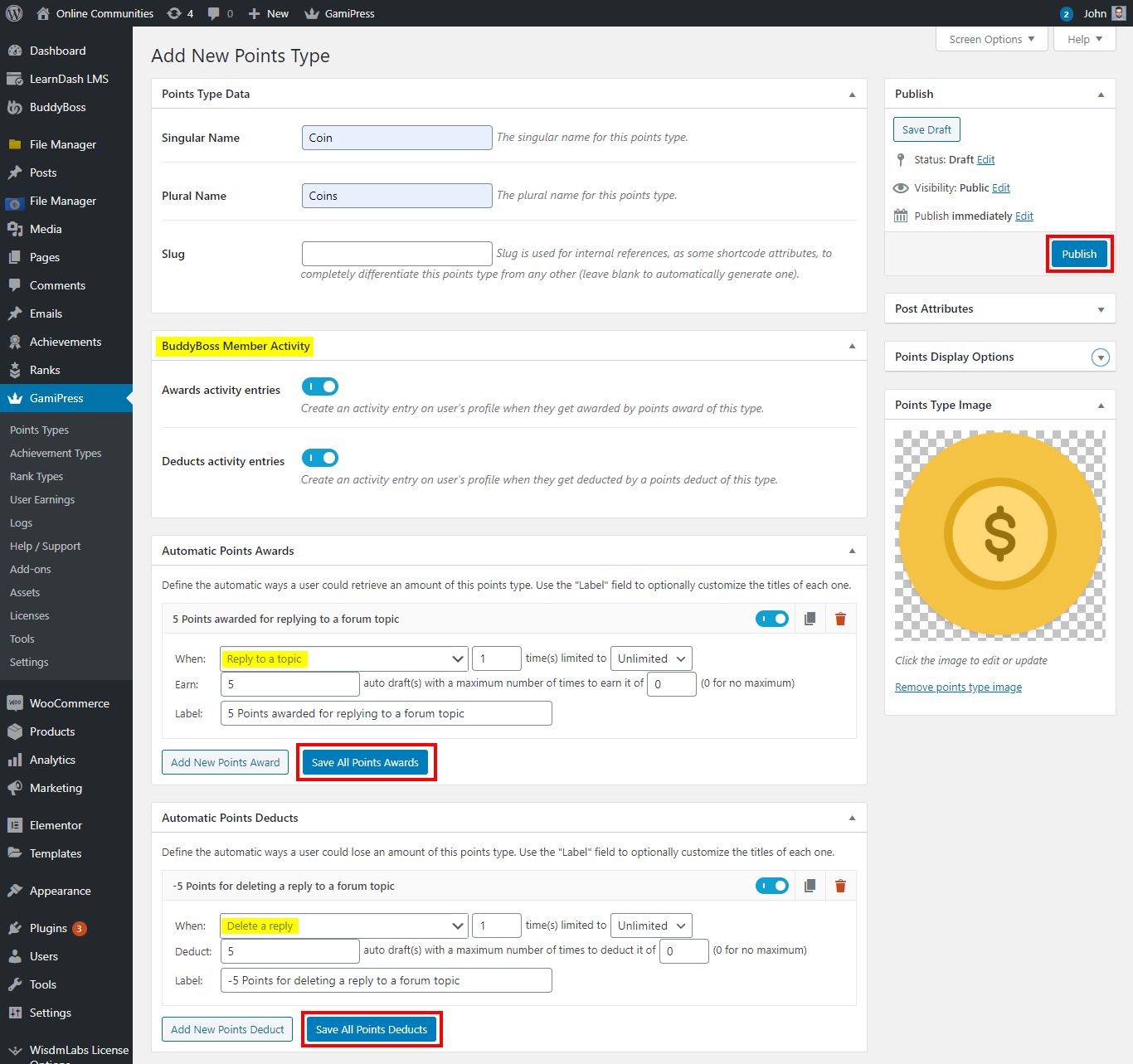 GamiPress + BuddyBoss Integration - Creating a new point type for BuddyBoss events