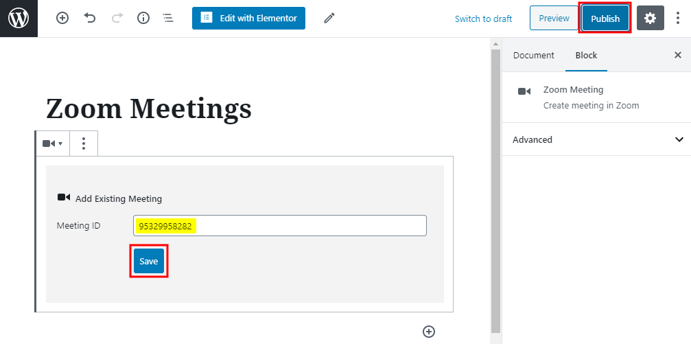 Zoom - Adding an existing meeting using the Zoom Gutenberg Block