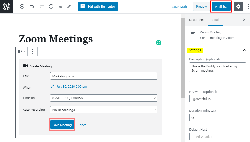 Zoom - Creating a new meeting using Zoom Gutenberg Block