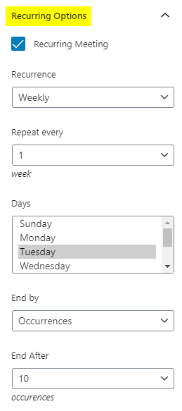 Zoom - Creating a recurring meeting using Zoom Gutenberg Block