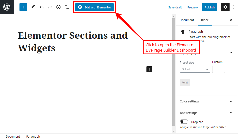 Elementor Sections and Widgets - Opening the Elementor Live Page Builder Dashboard