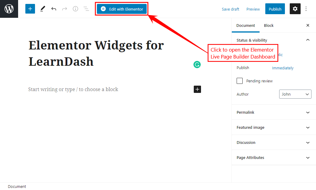 Elementor Widgets for LearnDash - Opening the Elementor Live Page Builder Dashboard