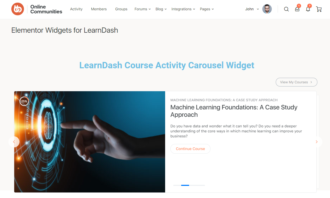 Elementor Widgets for LearnDash - Preview of the page with the course activity widget