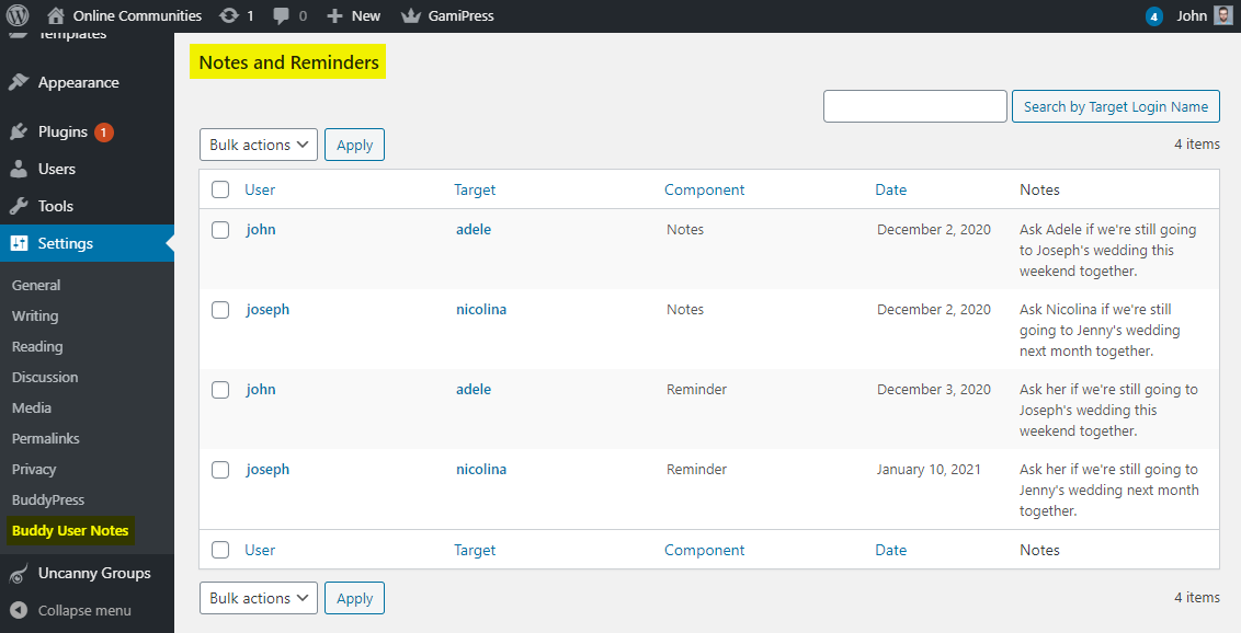 Buddy User Notes - My Notes and Reminders admin dashboard preview
