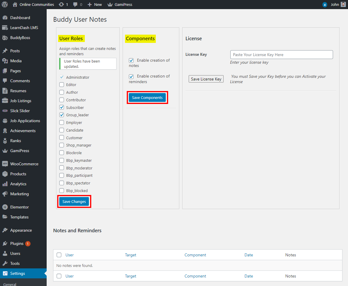 Buddy User Notes - Setting up the plugin