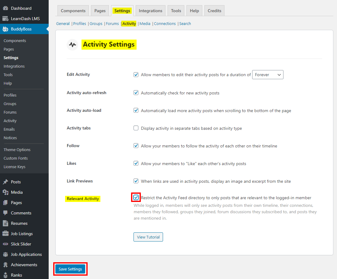 Relevant Activity - Enabling the setting