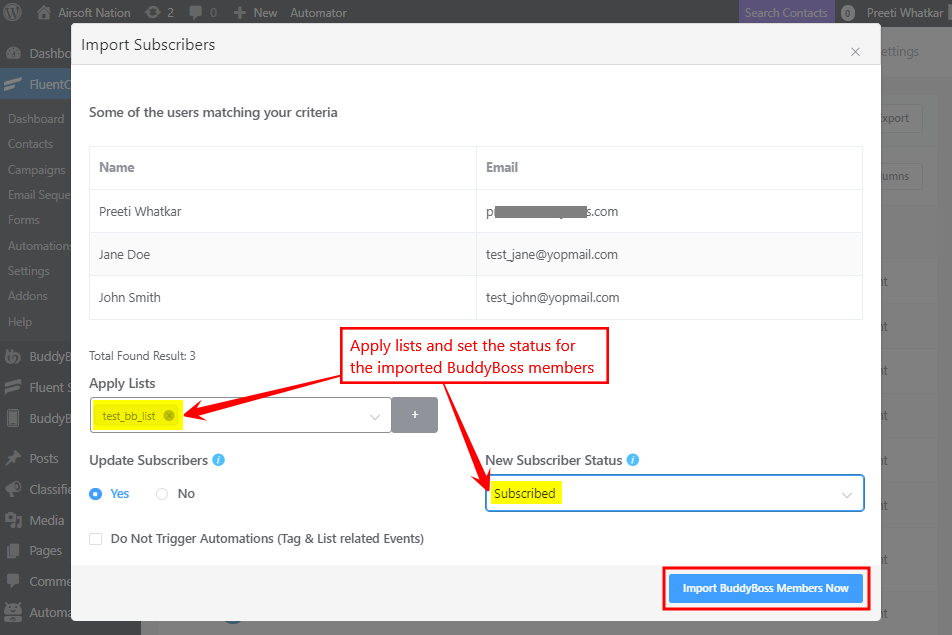 FluentCRM - Adding lists and status to imported members