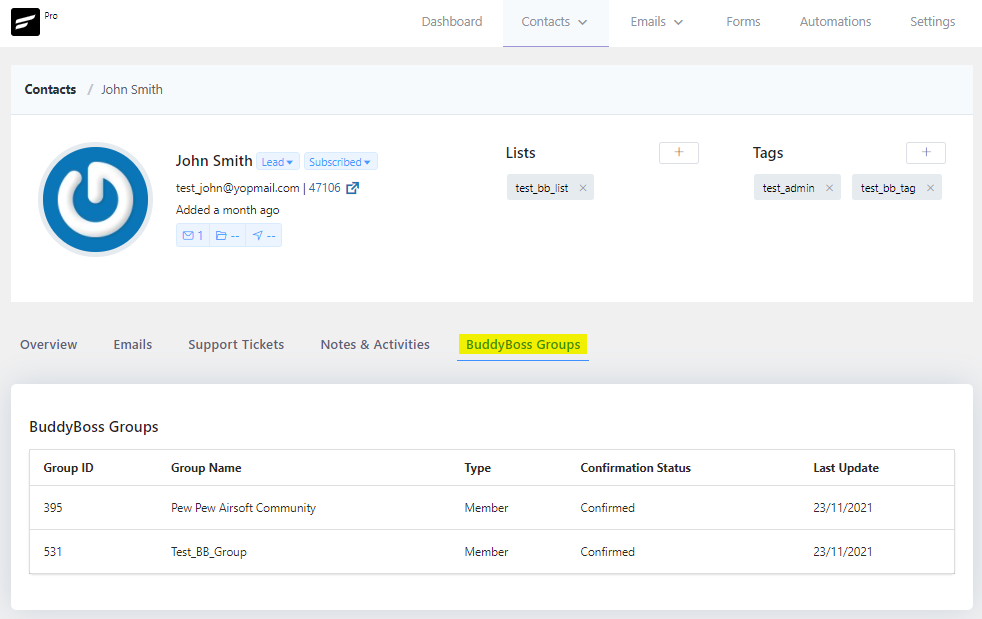 BuddyBoss Group details on a FluentCRM contact page