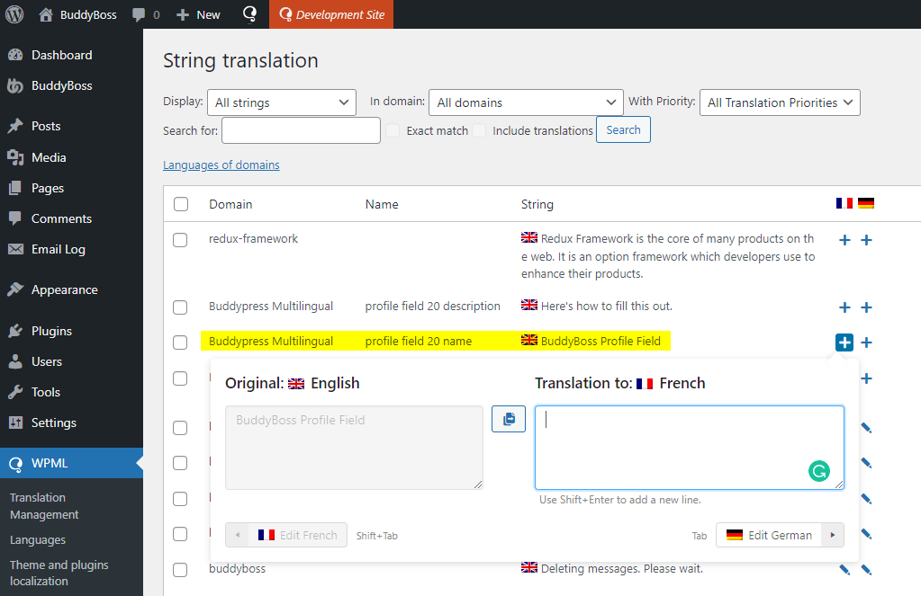 WPML - Adding translation for a BuddyBoss profile field