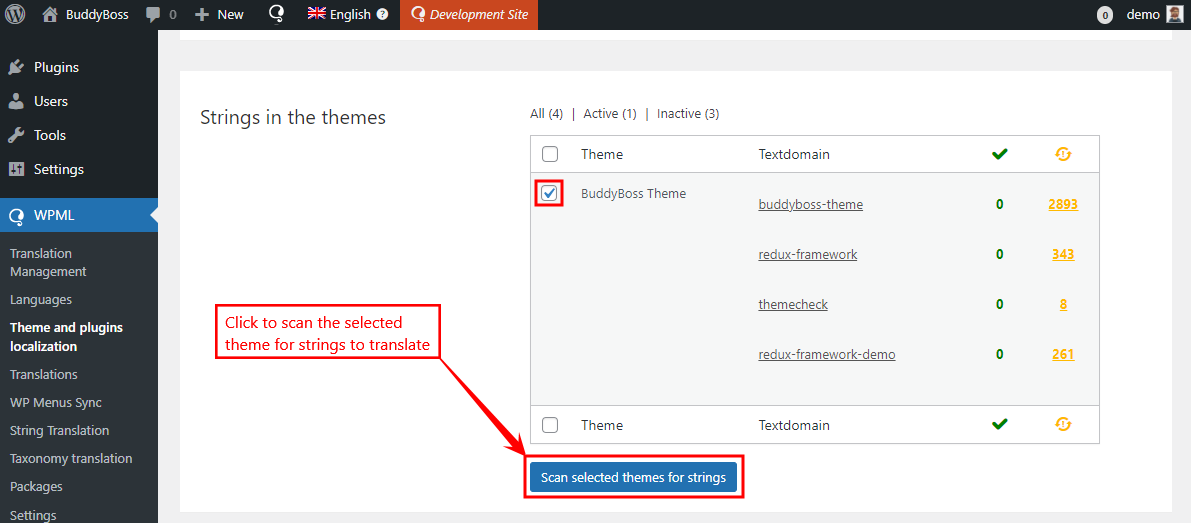 All strings from the BuddyBoss Theme are automatically added to the WPML string translation table.