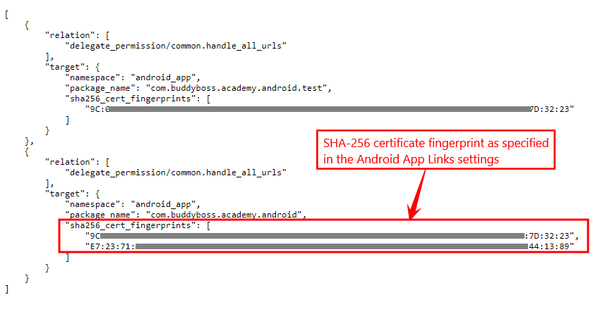 SHA-256 certificate fingerprint in the JSON file for Android