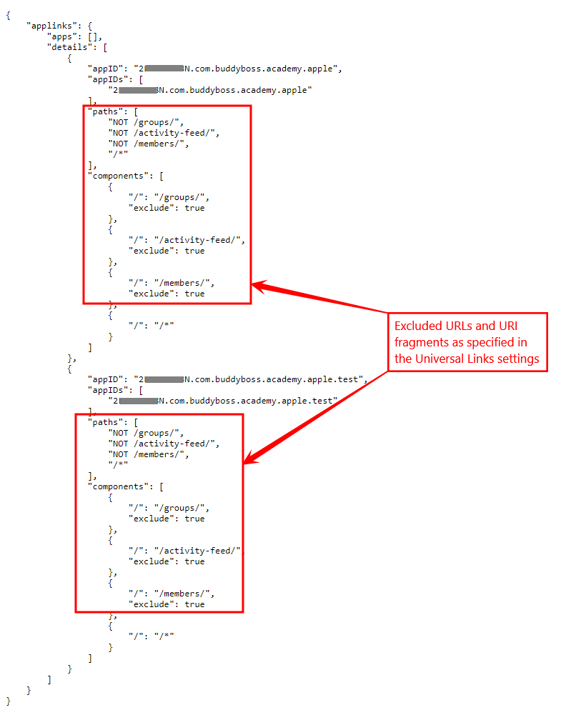 Excluded URLs and URI fragments in the JSON file for iOS